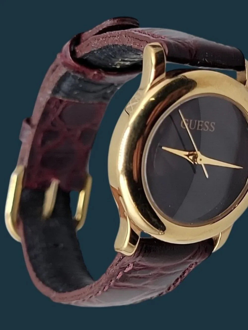 Vintage 1991 GUESS Watch Gold Tone Black Dial Burgundy Leather Strap 26mm 6.5